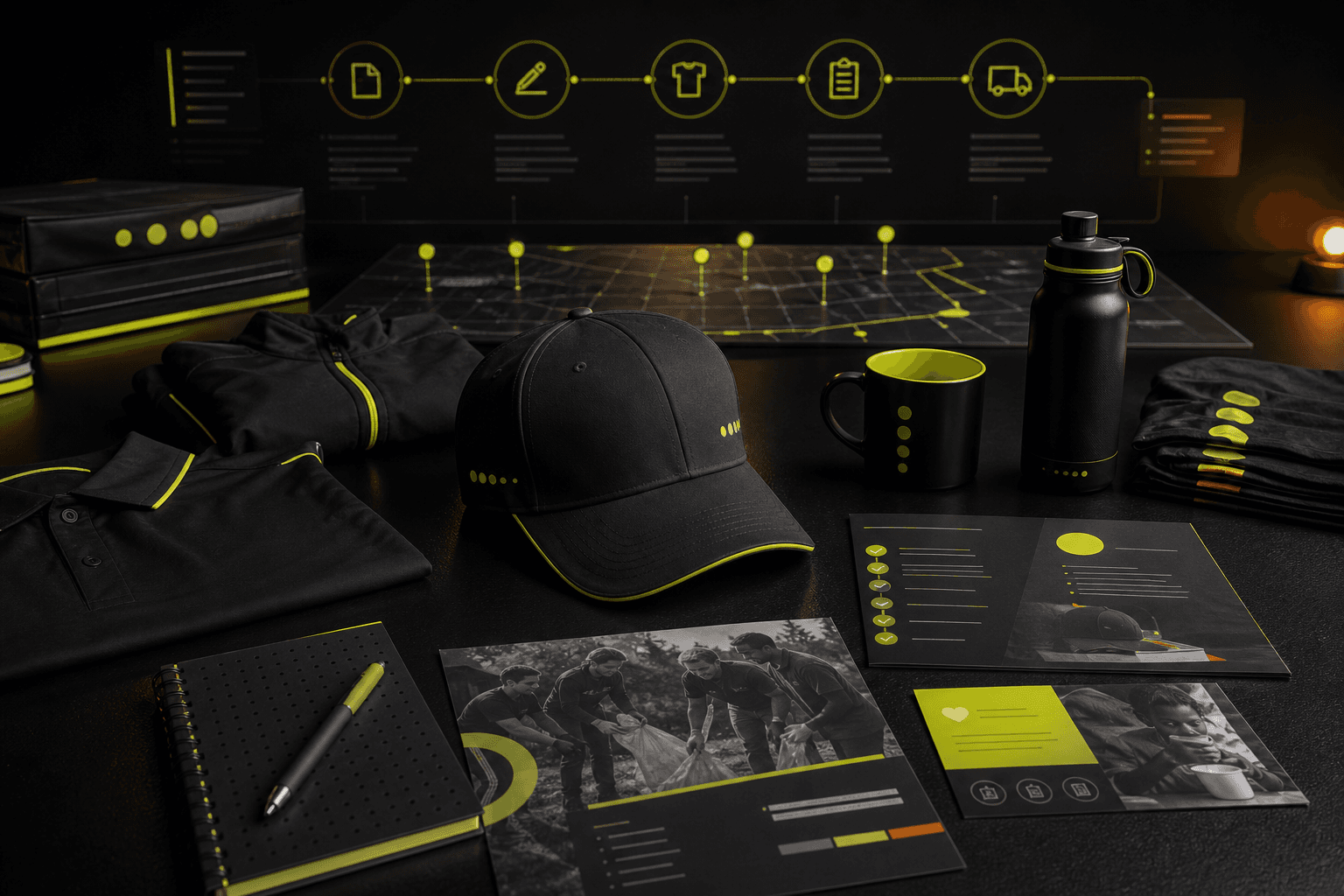 Campaign command center with branded gear, sponsor reporting, and impact workflow elements