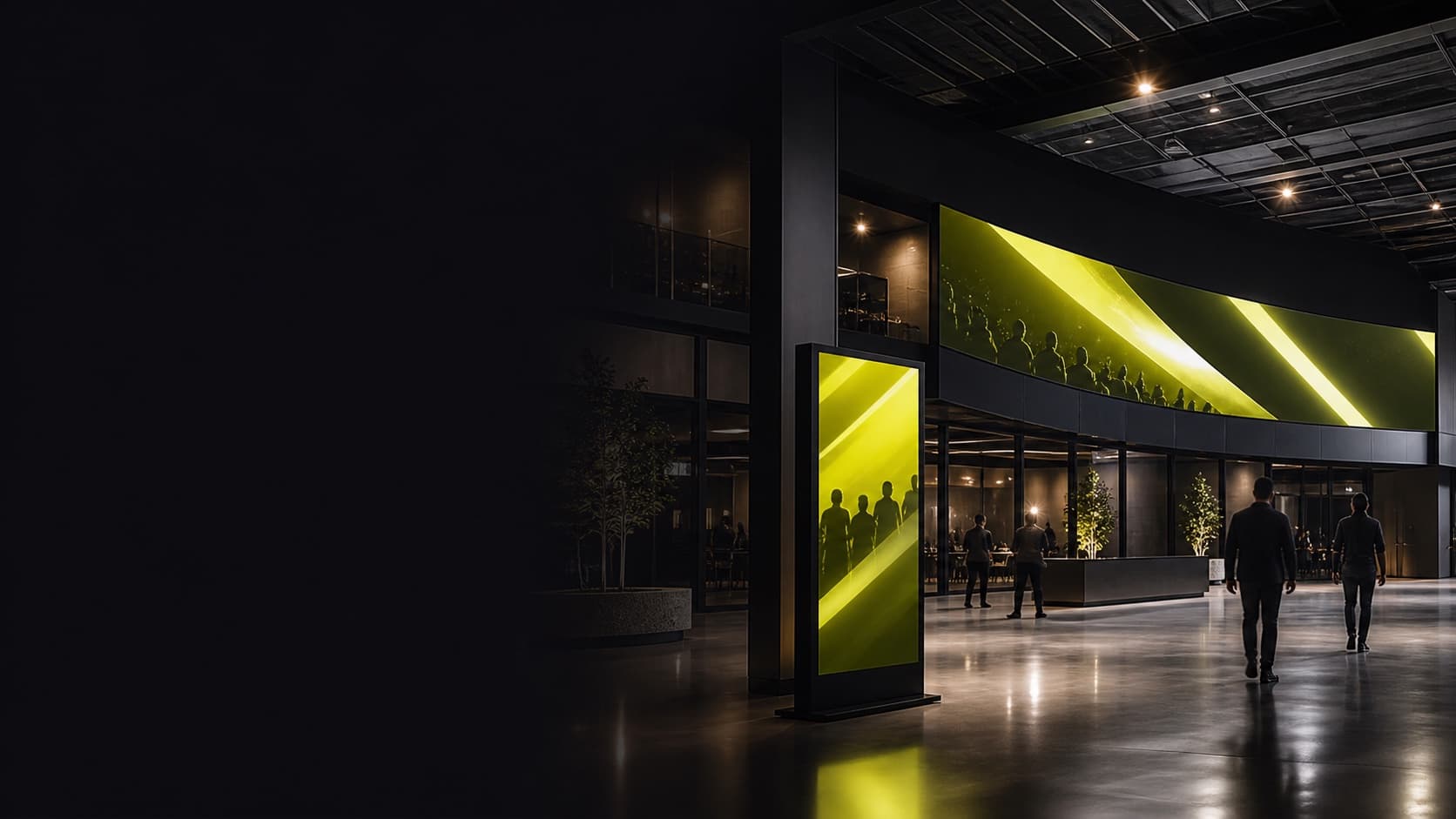 Concept visualization of curved and portrait-format LED displays in a modern community venue