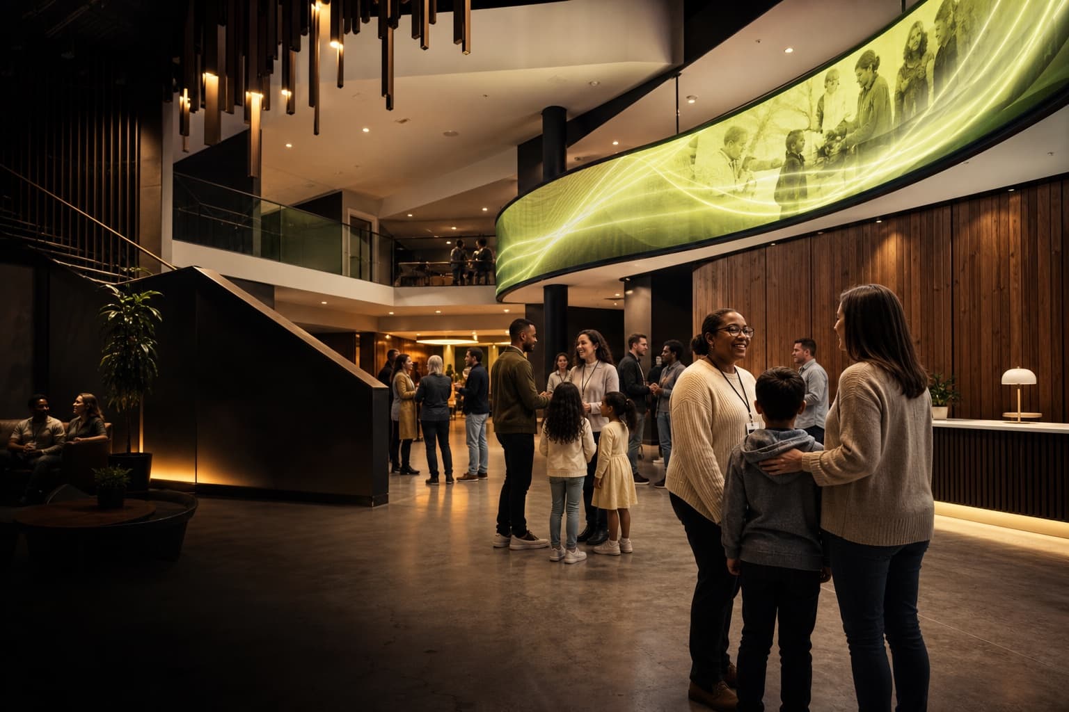 Concept visualization of a curved LED ribbon in a community ministry atrium