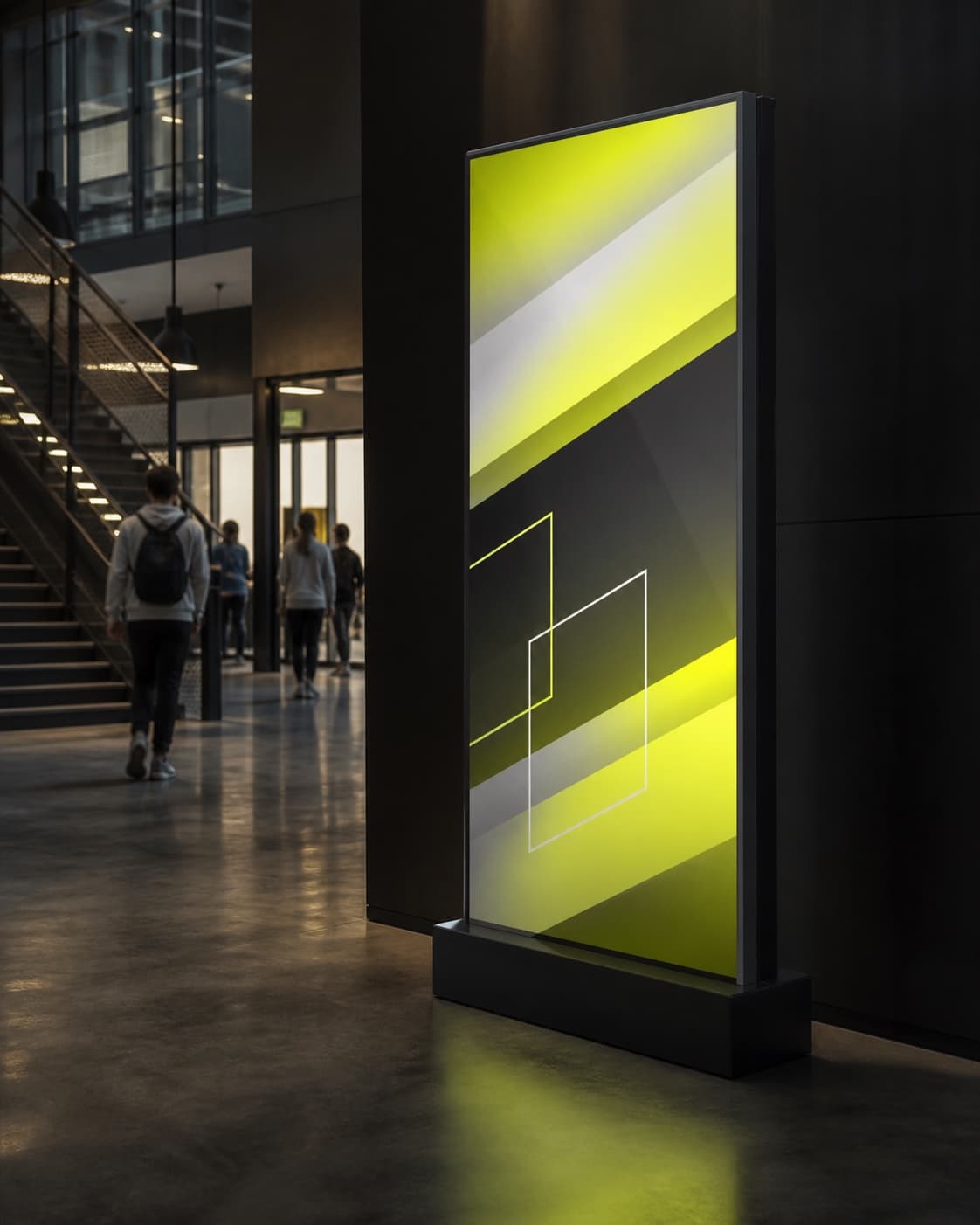 Concept visualization of a portable portrait LED display in a community venue