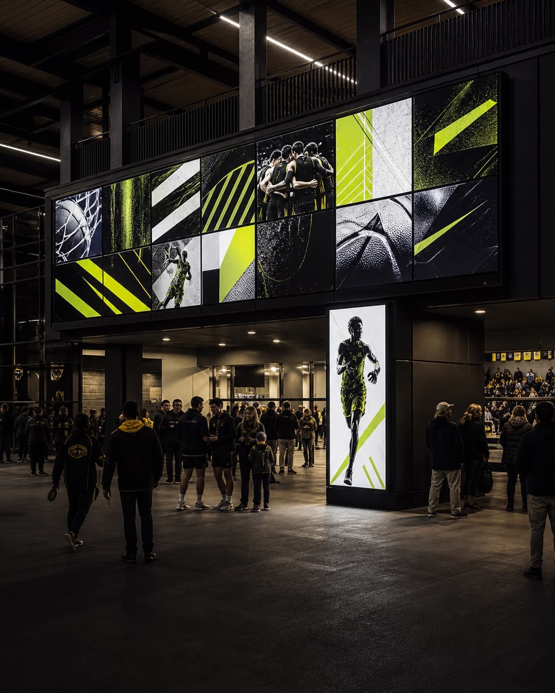 Concept visualization of LED sponsor displays in a school athletics concourse